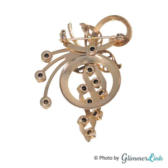 Vintage 1950s Purple Rhinestone Floral Spray Gold Tone Brooch Pendant - Picture 7 of 8